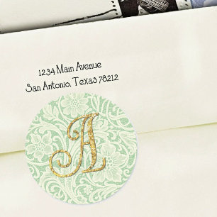 Monogramm-Spitzen-Umschlag-Siegel Gold Grün Runder Aufkleber