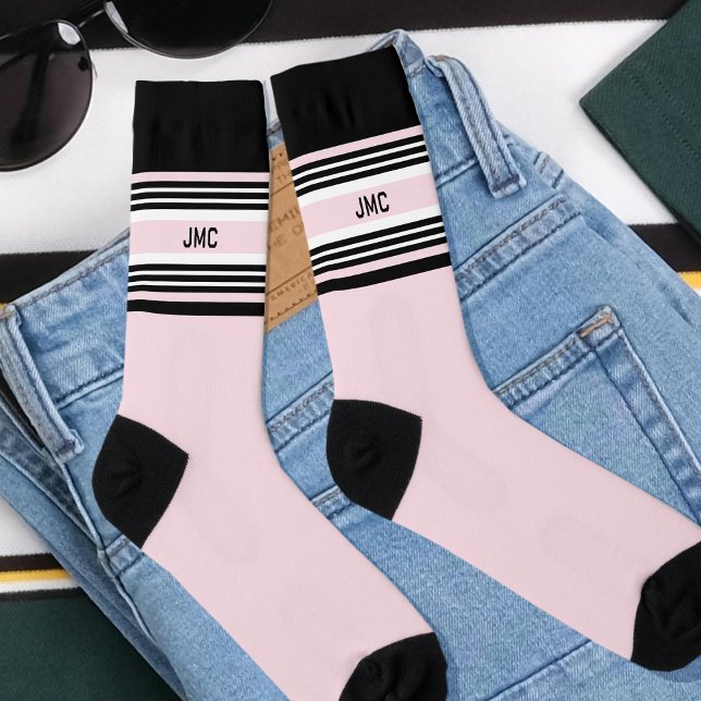 Monogramm Sportstreifen Pastellfarben Rosa Schwarz Socken (Von Creator hochgeladen)