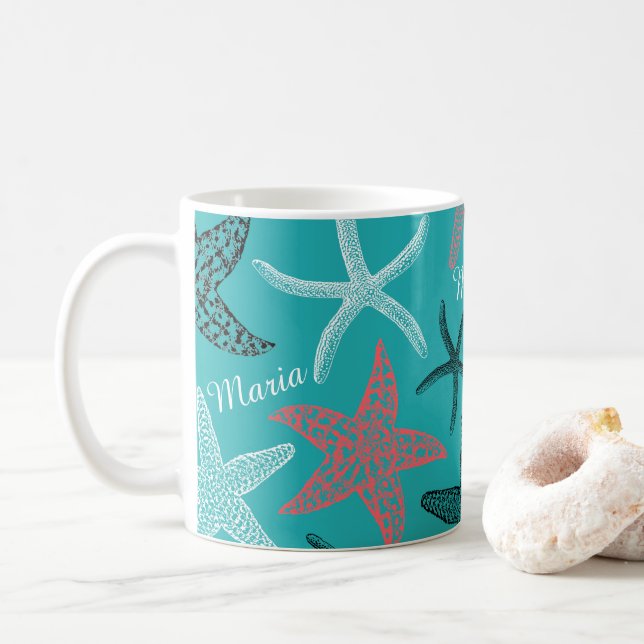 Monogramm Starfish auf türkisfarbenem Hintergrund Kaffeetasse (Mit Donut)