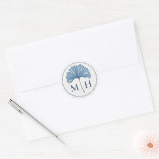 Monogramm Staubblau Botanischer Wasserfarben-Hochz Runder Aufkleber