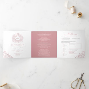 Monogramm staubige Rose Blätter Hochzeit alles in Dreifach Gefaltete Einladung