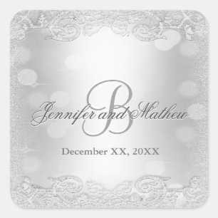 Monogramm-Sticker   Elegantes Silber Quadratischer Aufkleber