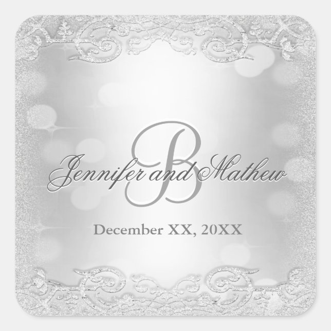 Monogramm-Sticker | Elegantes Silber Quadratischer Aufkleber (Vorderseite)