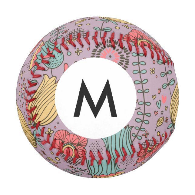 Monogramm Stilvolles Blumenmuster mit Blume Baseball (Vorderseite Links)