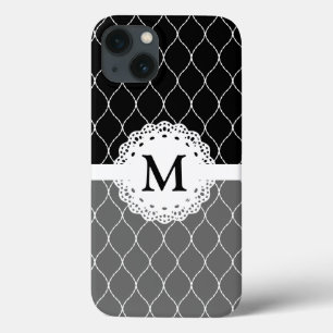 Monogramm - Stilvolles Schwarz-Weiß-Spitzen-Muster iPhone 13 Hülle