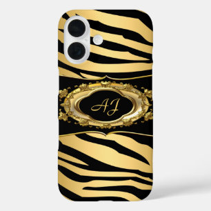 Monogramm Streifen Zebra Schwarz Verziert Gold iPhone 16 Hülle