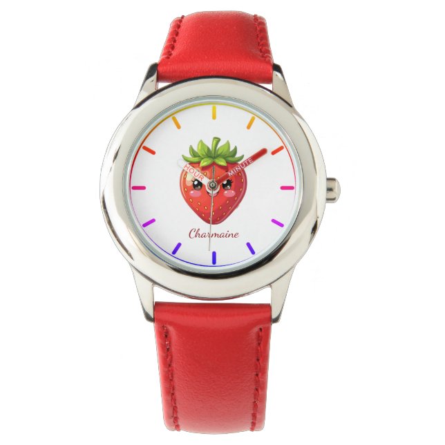Monogramm süße Erdbeere kawaii Armbanduhr (Vorderseite)