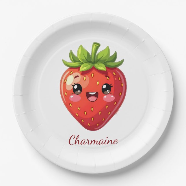 Monogramm süße Erdbeere kawaii Pappteller (Vorderseite)
