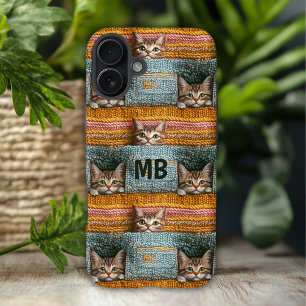 Monogramm Süße Katzen Gestrickte Mädchen Personali iPhone 16 Plus Hülle