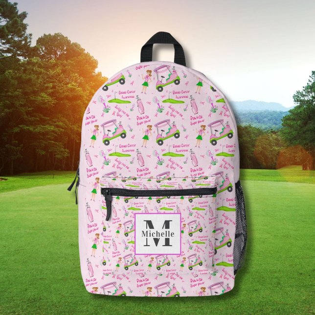 Monogramm Swing Pink Golfer Brustkrebs Bewusstsein Bedruckter Rucksack (Von Creator hochgeladen)