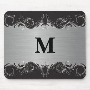 Monogramm Swirbel Schwarz und Silber Design Mousepad