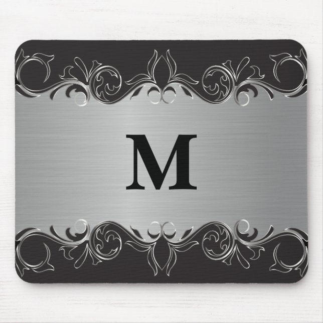 Monogramm Swirbel Schwarz und Silber Design Mousepad (Vorne)