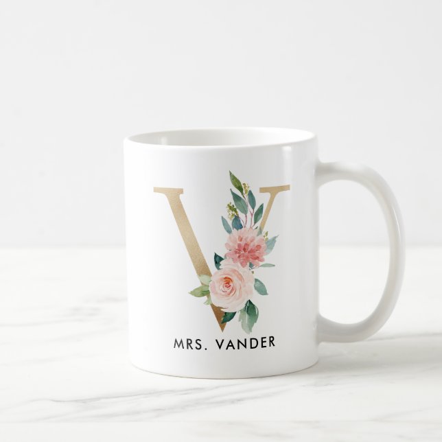 Monogramm-Tasse, Blumenmonogramm V, Kaffeetasse (Rechts)