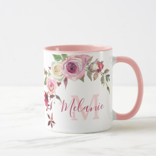 Monogramm-Tasse für Mädchenblütenrosa und Weißrose Tasse