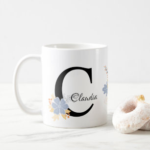 Monogramm-Tasse für Pfirsich und graue Blume Kaffeetasse