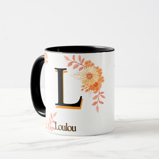 Monogramm-Tasse mit Blumenmuster - eleganter Lette Tasse (Vorderseite Links)
