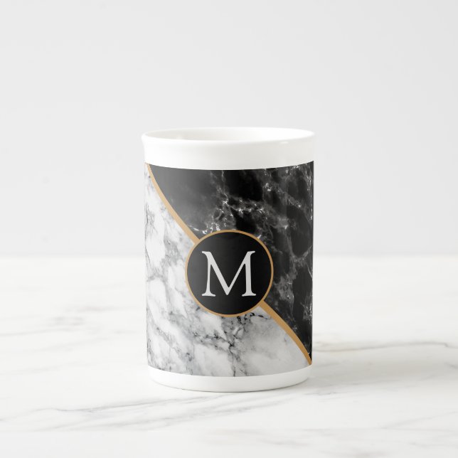Monogramm-Tasse - Schwarz-weißer Marmorstein Prozellantasse (Vorderseite)