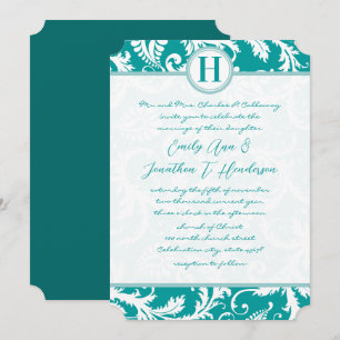 Monogramm Teal Aqua Vintage Damast Hochzeits Einla Einladung