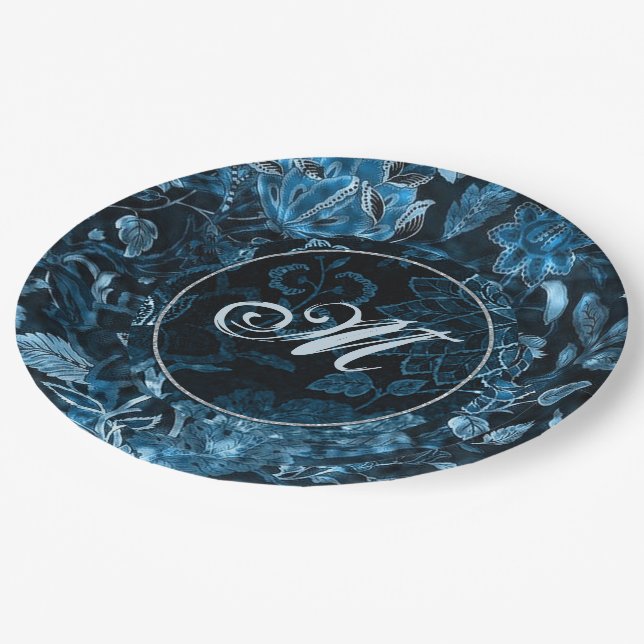 Monogramm Teegrün Vintage Blumen Papier Teller (Schrägansicht)