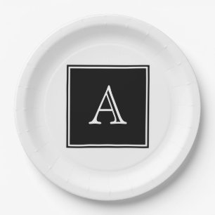 Monogramm-Teller für Schwarzes Quadrat Pappteller