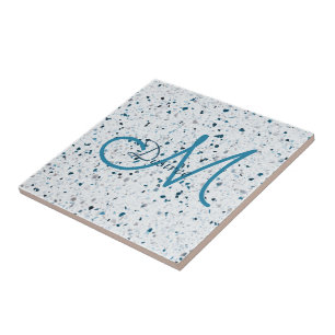 Monogramm Terrazzo Türkis Blau Grün Weiß Grau Retr Fliese