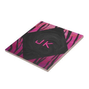 Monogramm Tiger Hot Pink und Schwarz Druckmuster Fliese