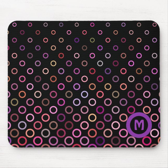 Monogramm Trendige Farbige Kreise auf Schwarz Mousepad (Vorne)