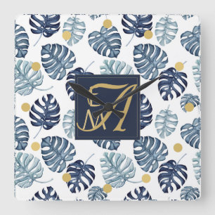 Monogramm Tropische Palme Navy Blau Gold Hochzeit Quadratische Wanduhr
