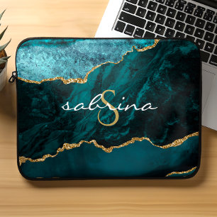 Monogramm Türkis Blau Gold Achat Geode Laptopschutzhülle