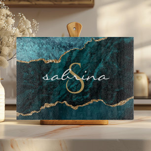 Monogramm Türkis Blau Gold Achat Geode Schneidebrett