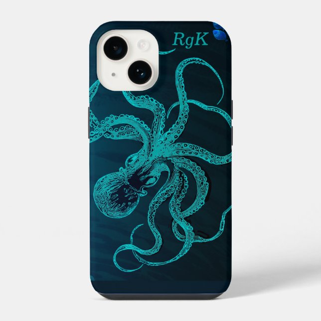 Monogramm Türkis & Blauer Oktopus iPhone Hülle (Rückseite)