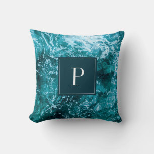 Monogramm Türkis Meerwellen Name Personalisiert Kissen