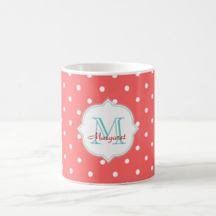 Monogramm-Türkis-und Korallen-Tupfen Kaffeetasse