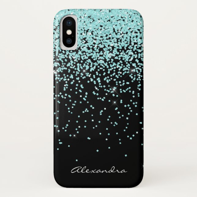 Monogramm Türkis und Schwarzer Glitzer Case-Mate iPhone Hülle (Rückseite)