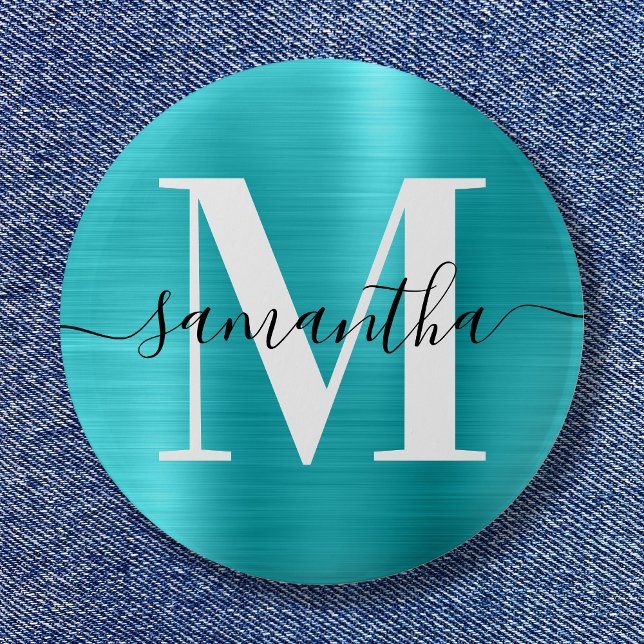 Monogramm Türkisblau Shimmer-Folie Button (Signature Monogram Turquoise Blue Shimmer Foil Button)