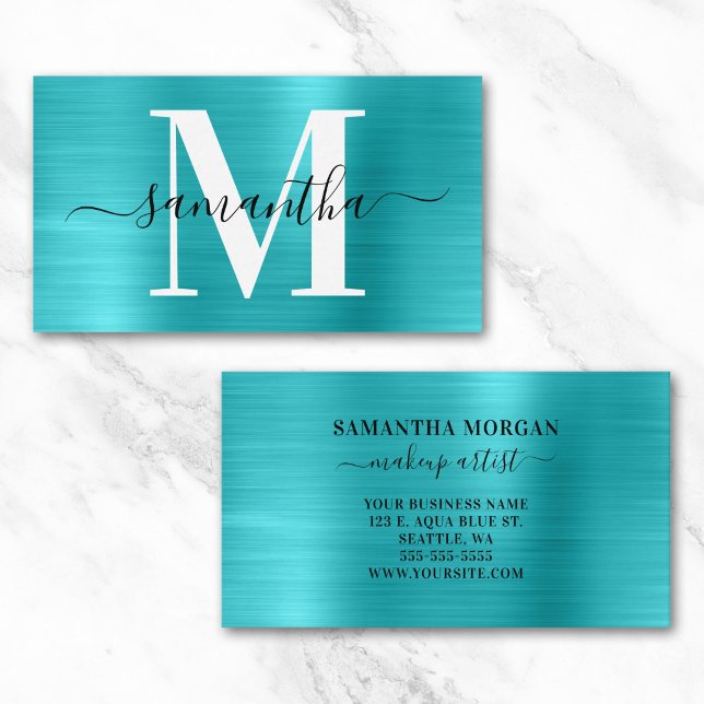 Monogramm Türkisblau Visitenkarte (Signature Monogram Turquoise Blue Shimmer Business Card)
