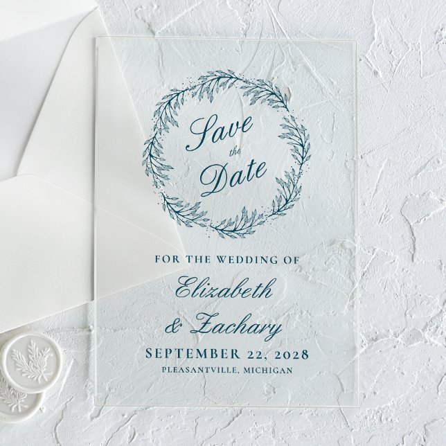 Monogramm Türkisblauer Kranz Hochzeit Save the Dat Acryleinladungen (Von Creator hochgeladen)