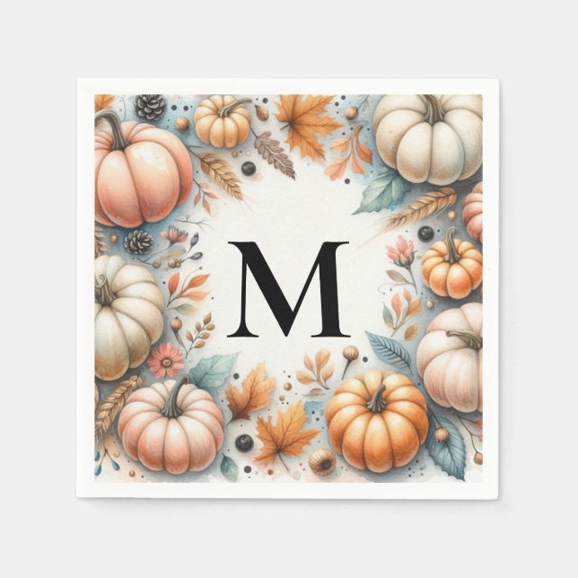 Monogramm-Typografie Herbstkürbisse Wasserfarben  Serviette (Vorderseite)
