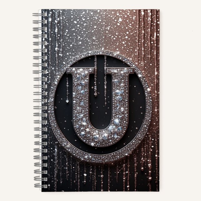 Monogramm U mit glitzernden Tropfen Notizbuch (Vorderseite)