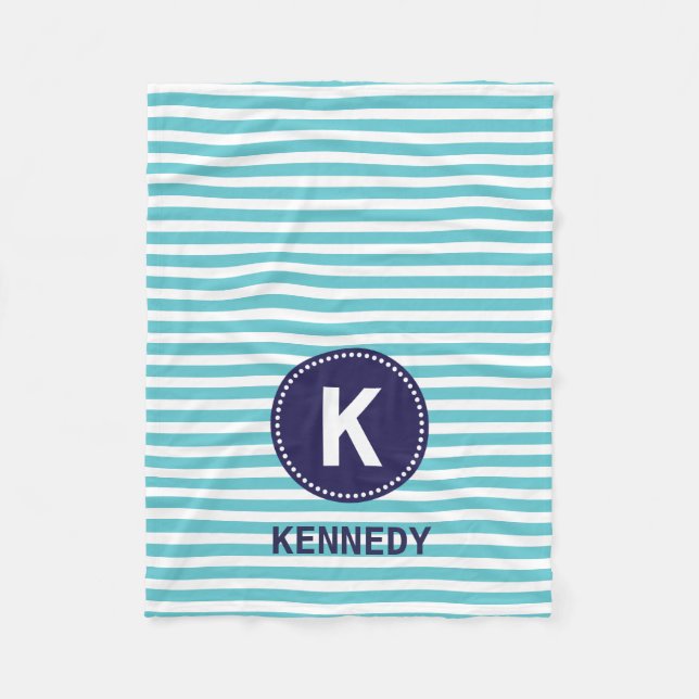 Monogramm-umfassende aquamarine weiße Streifen und Fleecedecke (Vorderseite)