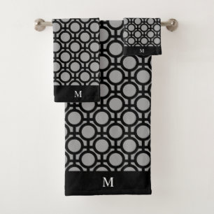 Monogramm und Abstrakte schwarze Kreise auf Grau Badhandtuch Set