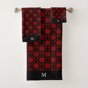 Monogramm und Abstrakte schwarze Kreise auf Rot Badhandtuch Set