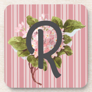 Monogramm und Blumen auf rosa Streifen Getränkeuntersetzer