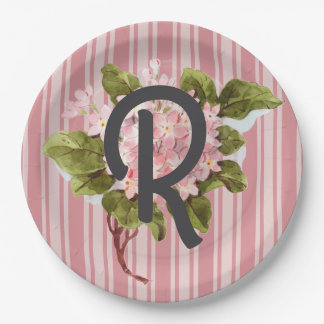 Monogramm und Blumen auf rosa Streifen Pappteller