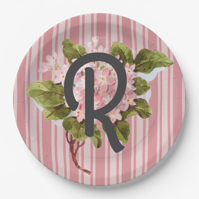 Monogramm und Blumen auf rosa Streifen Pappteller (Vorderseite)