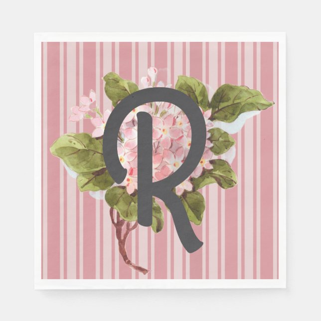 Monogramm und Blumen auf rosa Streifen Serviette (Vorderseite)