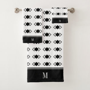 Monogramm und Dreifach-Diamantmuster in Schwarz/We Badhandtuch Set
