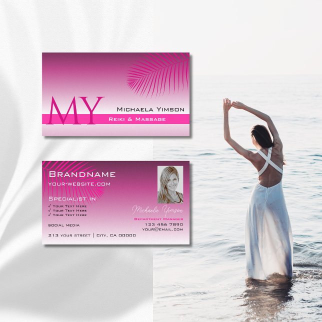 Monogramm und Foto des rosa Lila Gradient Palmblät Visitenkarte (Von Creator hochgeladen)