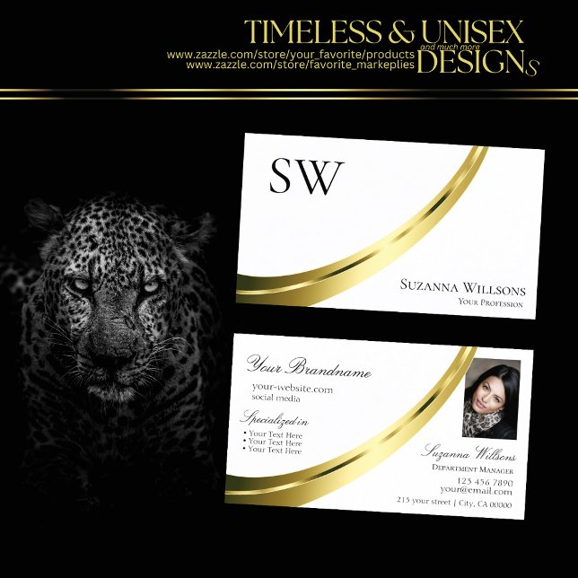 Monogramm und Foto im Schlichten Weißgolddekor Visitenkarte (Von Creator hochgeladen)