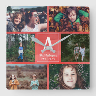 Monogramm und Fotomaterial aus der Red Watercolor  Quadratische Wanduhr